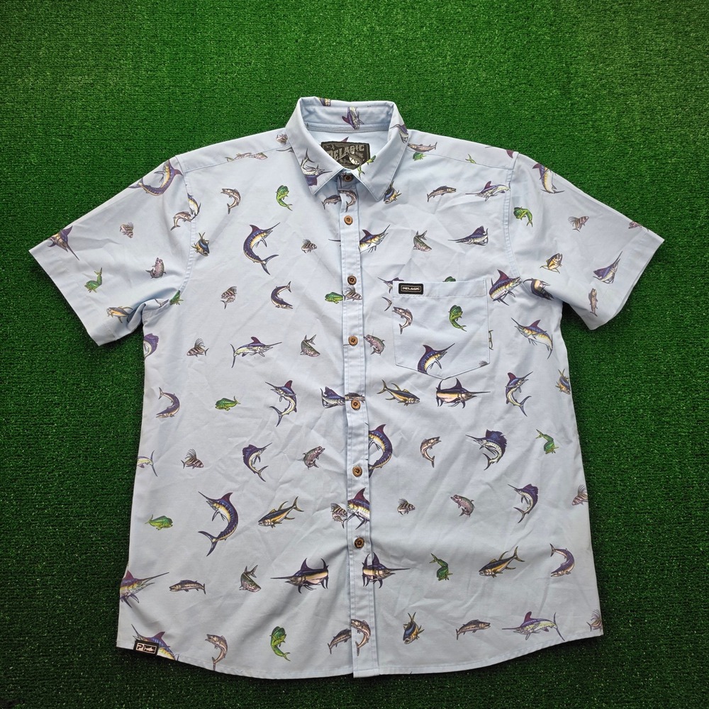Pelagic Fishing Performance Shirt Mens Large Sky Blue Button Up Marlin & Mahi